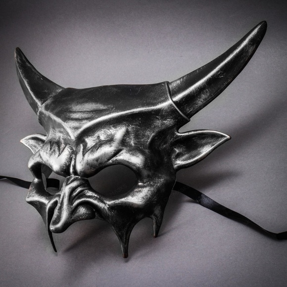 Black Silver Sharp Long Horn Devil Demon Masquerade Wedding Halloween Party Mask - Picture 2 of 3